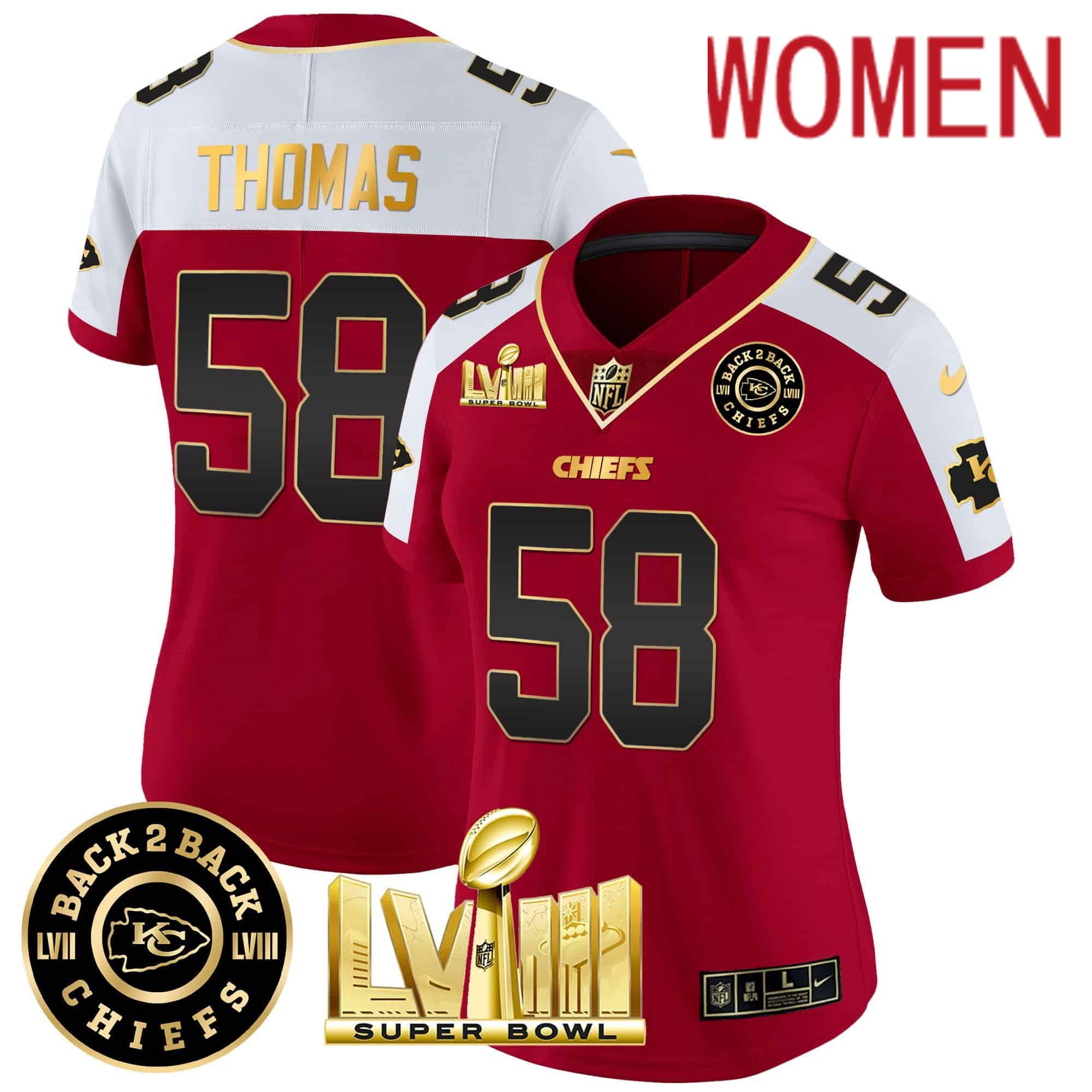 Women Kansas City Chiefs #58 Thomas Red 2024 Nike Super Bowl LVIII & Back-2-Back Patch Vapor NFL Jersey